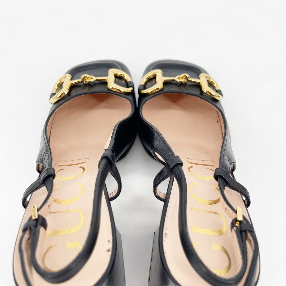 Gucci Black Leather Baby Horsebit Square Toe Block Heel Slingback Pumps EU 37 - Picture 9 of 12